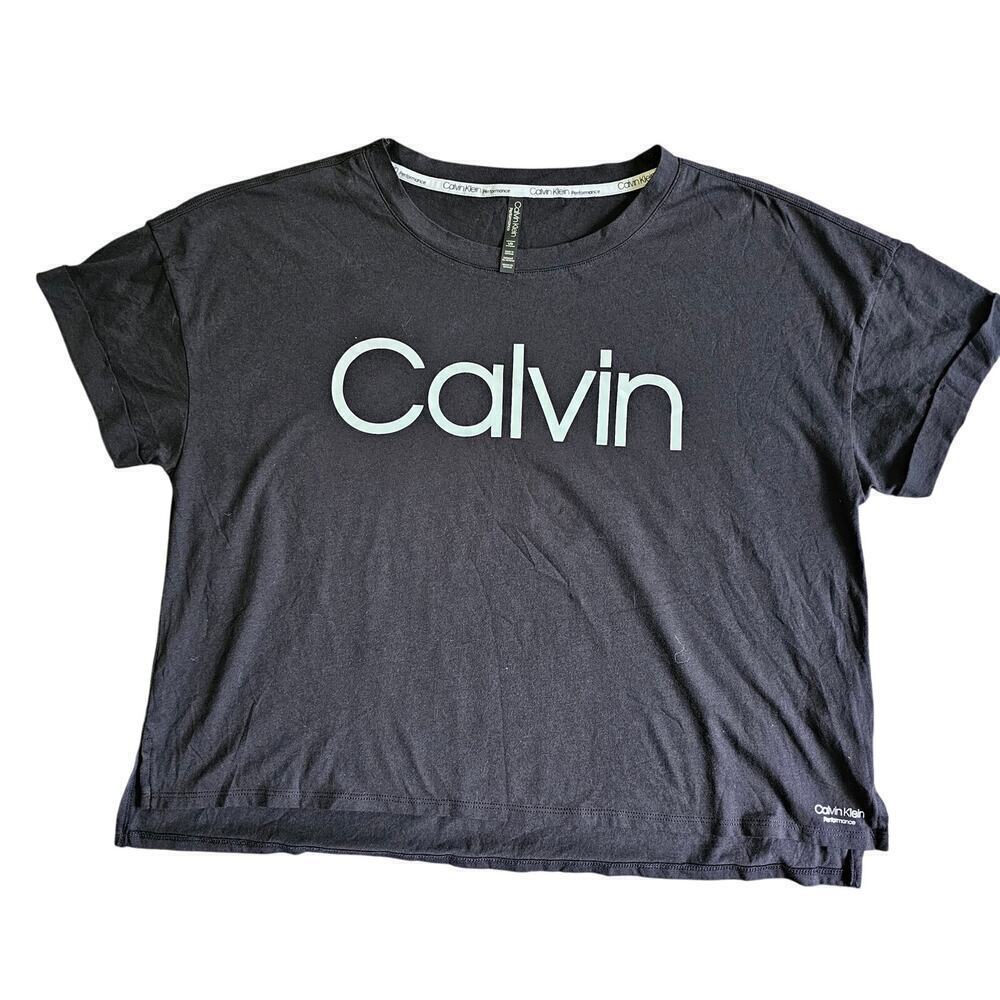 NWT Calvin Klein Women's Black Performance Short Sleeve Cropped Shirt Size Large